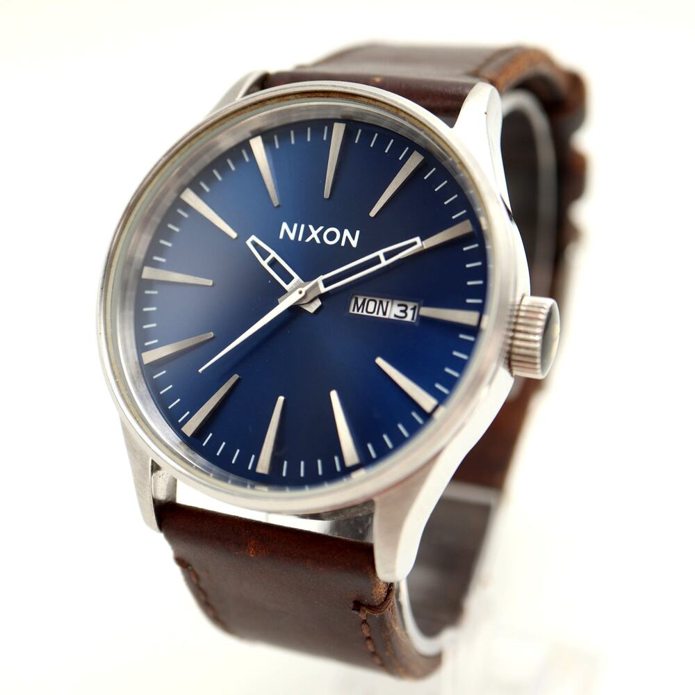 Nixon The Sentry Mens 42mm Day Date Blue Watch Brown Leather w New Battery